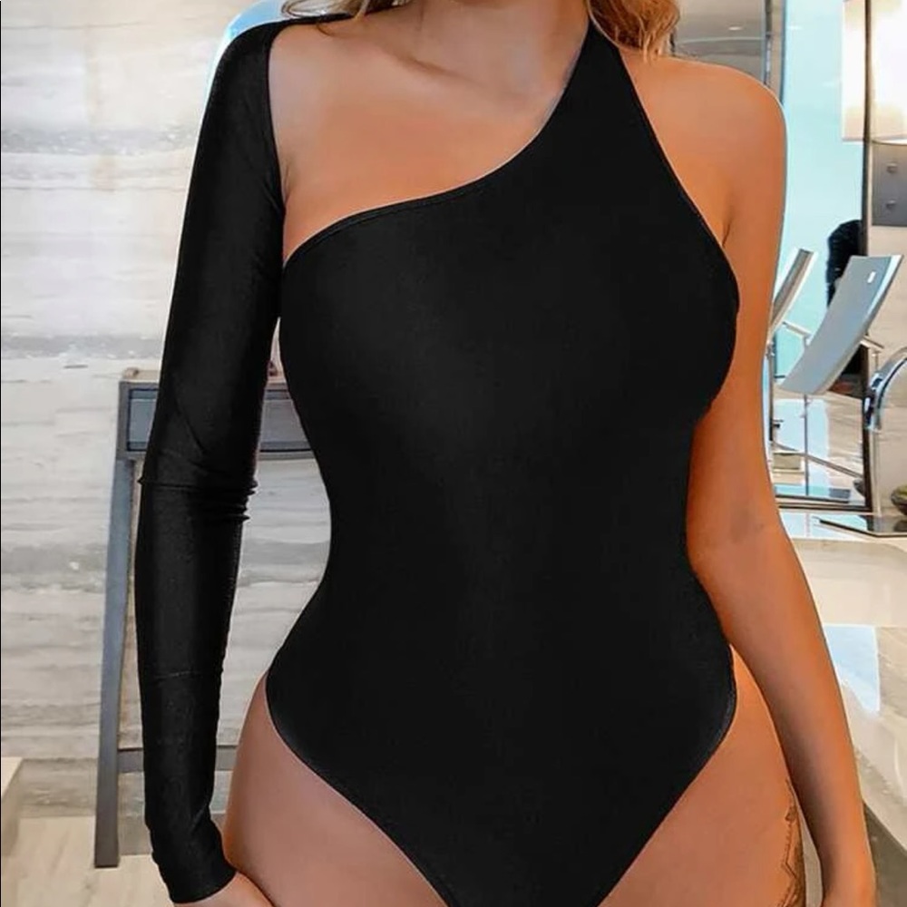 Asymmetrical Solid Neck Bodysuit